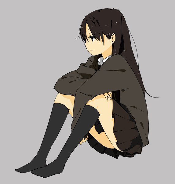 Anime picture 1050x1100 with original delaney single long hair tall image simple background brown hair sitting profile pleated skirt barefoot black eyes grey background girl miniskirt shirt socks black socks sweater