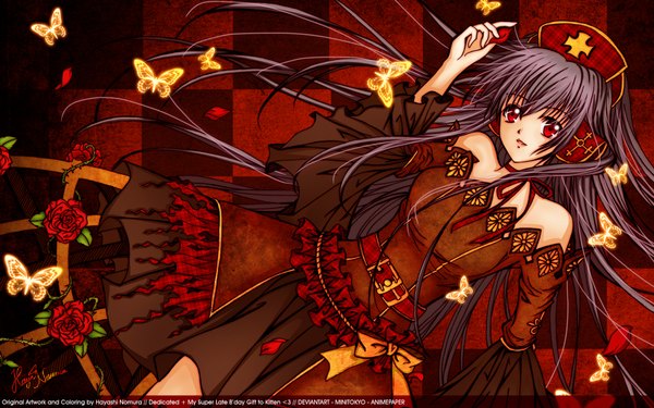 Anime picture 1920x1200 with hayashinomura long hair highres black hair red eyes wide image bare shoulders checkered checkered background girl dress flower (flowers) hat belt rose (roses) insect butterfly red rose