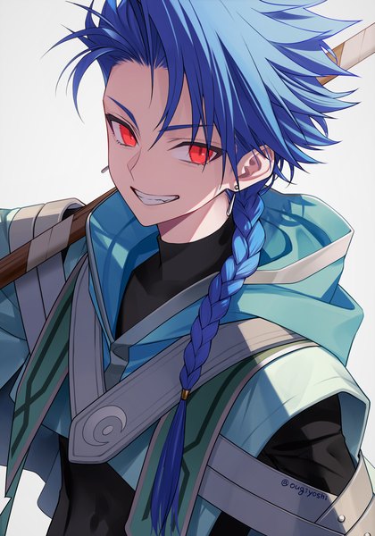 Anime picture 1400x2000 with fate (series) fate/grand order cu chulainn (fate) setanta (fate) chimachi single long hair tall image looking at viewer simple background smile red eyes white background signed blue hair upper body braid (braids) twitter username grin single braid