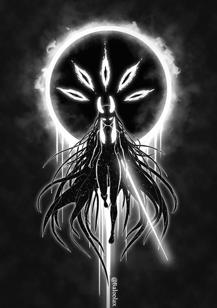 Anime picture 905x1280 with virtual youtuber hololive hololive english ninomae ina'nis baloolax single tall image looking at viewer simple background holding signed full body very long hair horn (horns) twitter username glowing black background monochrome glowing eye (eyes) eclipse