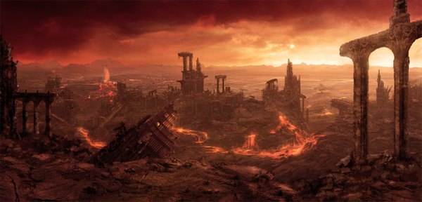 Anime picture 1280x615 with original i netgrafx (artist) wide image cityscape landscape ruins panorama post-apocalyptic
