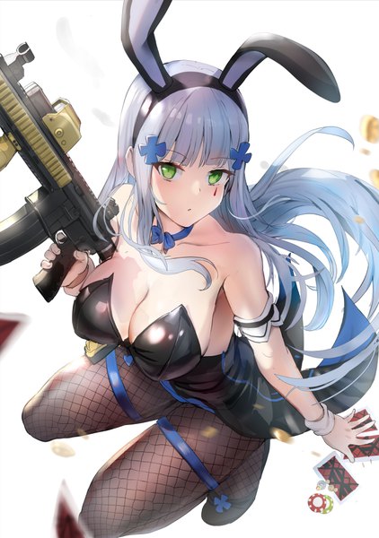 Anime picture 704x1000 with girls frontline hk416 (girls frontline) qian wu atai single long hair tall image looking at viewer blush fringe breasts light erotic simple background large breasts white background bare shoulders holding green eyes animal ears payot cleavage