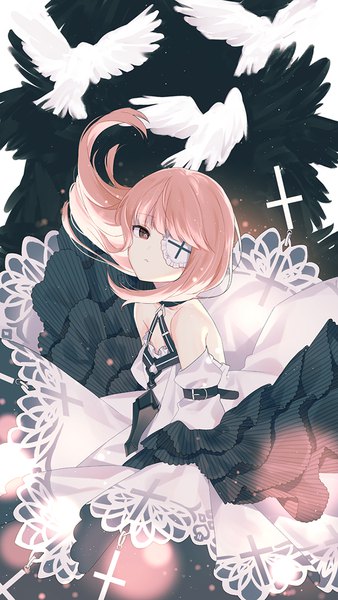 Anime picture 650x1154 with forever 7th capital yumi (forever 7th capital) silltare single long hair tall image looking at viewer fringe brown eyes pink hair girl dress detached sleeves animal bird (birds) eyepatch cross