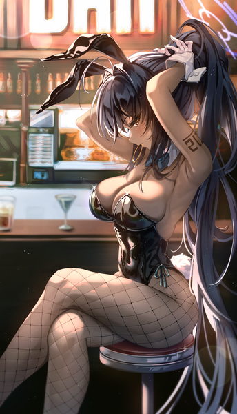 Anime picture 1616x2822 with blue archive karin (blue archive) karin (bunny) (blue archive) pruding single tall image breasts light erotic black hair large breasts sitting holding brown eyes animal ears indoors tail very long hair animal tail profile arms up