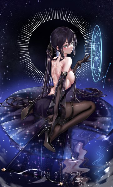 Anime picture 4701x7799 with genshin impact mona megistus ringeko-chan single tall image blush fringe highres breasts light erotic black hair hair between eyes large breasts twintails bare shoulders signed looking away absurdres very long hair aqua eyes