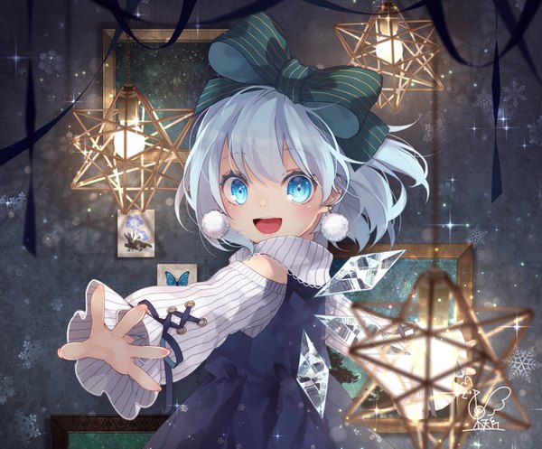 Anime picture 1241x1029 with touhou cirno toutenkou single looking at viewer short hair open mouth blue eyes bare shoulders signed blue hair upper body :d sparkle spread arms girl dress bow hair bow earrings