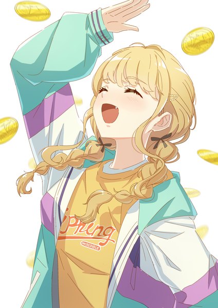 Anime picture 3035x4299 with idolmaster gakuen idolmaster fujita kotone kumo33 single long hair tall image highres open mouth blonde hair white background absurdres braid (braids) eyes closed arm up open jacket fang (fangs) twin braids ^ ^ ^o^