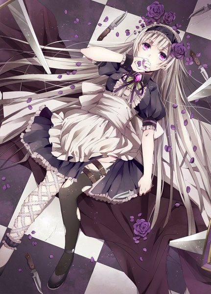 Anime picture 1000x1390 with original noka (blackheart1118) long hair tall image looking at viewer fringe purple eyes silver hair lying nail polish hair flower fingernails from above maid on back checkered floor checkered girl thighhighs dress