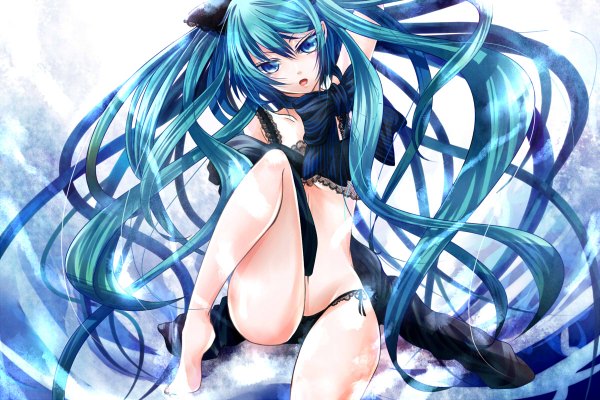 Anime picture 1200x800 with vocaloid hatsune miku toraceera single long hair looking at viewer open mouth light erotic sitting very long hair head tilt barefoot aqua eyes aqua hair arms behind head girl underwear panties ribbon (ribbons)