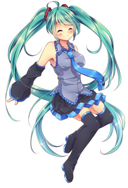 Anime picture 700x1029 with vocaloid hatsune miku urara (sumairuclover) single tall image blush simple background smile white background twintails ahoge eyes closed very long hair aqua hair girl skirt detached sleeves necktie thigh boots