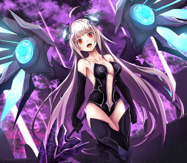 Anime picture 1200x1047 with summoners war tagme (character) noa (nagareboshi) single looking at viewer fringe breasts open mouth light erotic red eyes standing holding silver hair ahoge blunt bangs very long hair standing on one leg gradient hair center opening mechanical wings