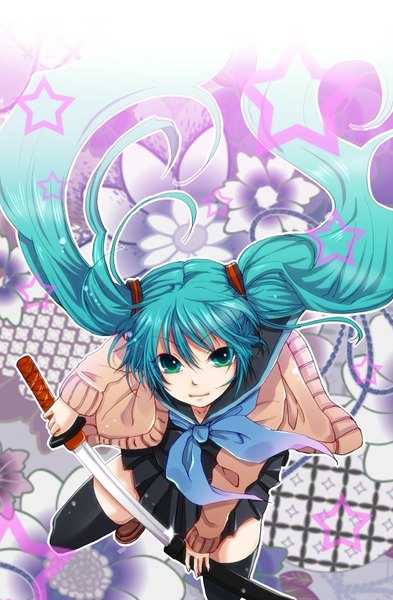 イラスト 1122x1713 と ボーカロイド 初音ミク ソロ 長身像 カメラ目線 ツインテール 緑の目 very long hair aqua hair 女の子 ストッキング スカート 武器 黒ストッキング ミニスカート 剣 セーラー服 日本刀 スター セッター