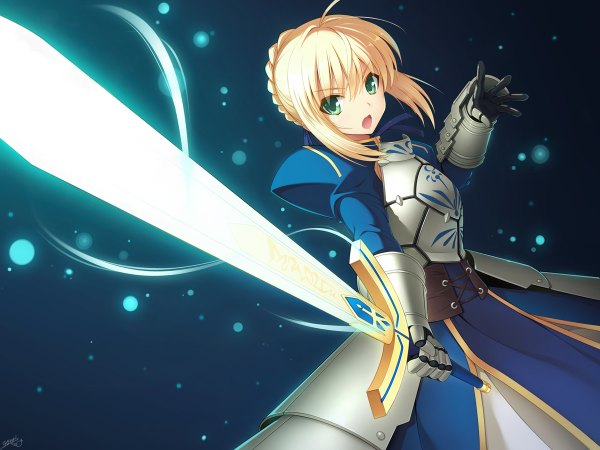 Anime picture 1200x900 with fate (series) fate/zero type-moon artoria pendragon (all) saber cygnus (artist) single short hair open mouth blonde hair green eyes girl weapon sword armor excalibur