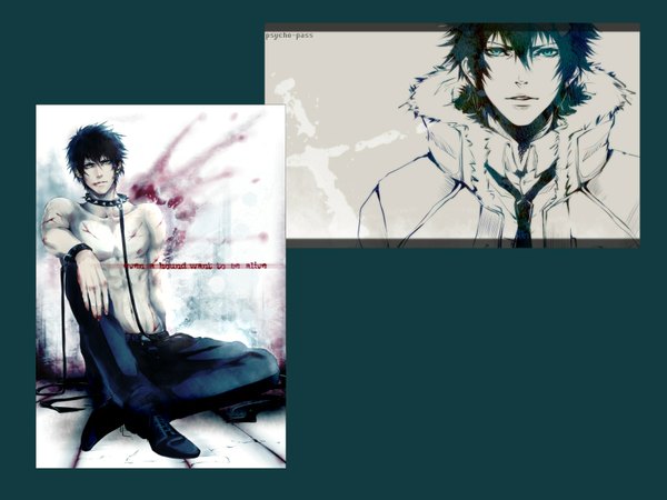 Anime picture 1600x1200 with psycho-pass production i.g kougami shin'ya saito yukihiro looking at viewer short hair black hair sitting aqua eyes crossed legs multiview boy shirt necktie jacket fur blood pants collar thorns