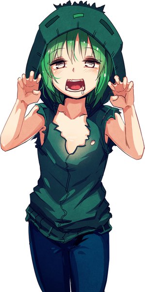 Anime picture 1079x2160 with minecraft zombie (minecraft) at2. single tall image looking at viewer blush short hair open mouth simple background white background green hair teeth grey eyes torn clothes saliva claw pose personification zombie girl