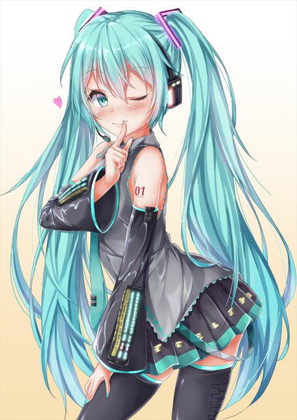 Anime picture 868x1228 with vocaloid hatsune miku marisasu (marisa0904) single long hair tall image blush fringe simple background smile hair between eyes twintails bare shoulders looking away nail polish one eye closed aqua eyes wink aqua hair gradient background