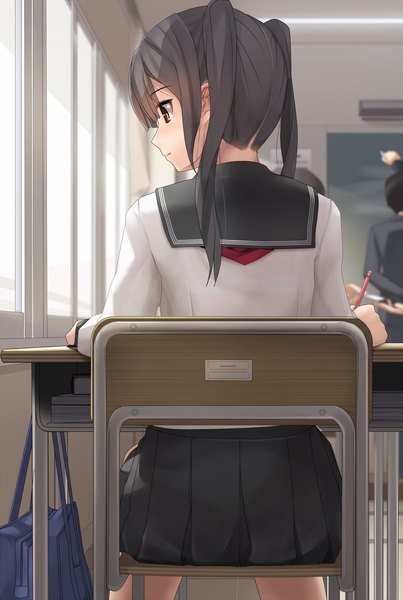 Anime picture 807x1200 with original eto long hair tall image fringe black hair sitting twintails holding brown eyes payot looking away indoors blunt bangs profile pleated skirt from behind depth of field solo focus classroom