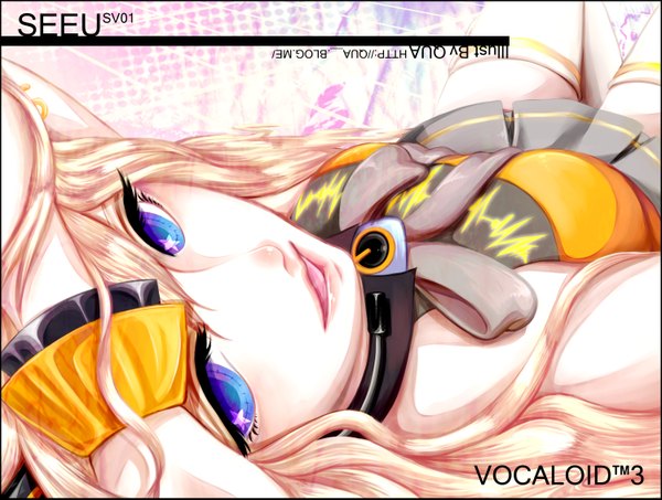 Anime picture 3000x2269 with vocaloid seeu qua (artist) single long hair highres open mouth blue eyes blonde hair absurdres inscription close-up face girl thighhighs white thighhighs