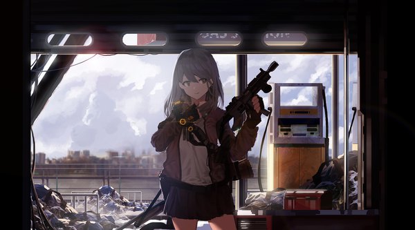 Anime picture 2000x1113 with tom clancy's the division ihobus single long hair looking at viewer fringe highres smile hair between eyes brown hair wide image standing holding brown eyes sky cloud (clouds) pleated skirt blurry open jacket city