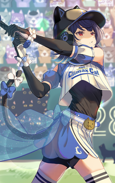 Anime picture 777x1227 with idolmaster idolmaster shiny colors morino rinze niac single tall image short hair red eyes blue hair tail animal tail cat tail looking up tail ribbon baseball girl thighhighs skirt gloves uniform