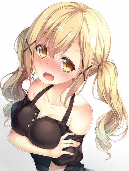 Anime picture 830x1100 with bang dream! ichigaya arisa chiyonekoko single long hair tall image looking at viewer blush fringe breasts open mouth simple background blonde hair hair between eyes white background twintails bare shoulders brown eyes payot upper body