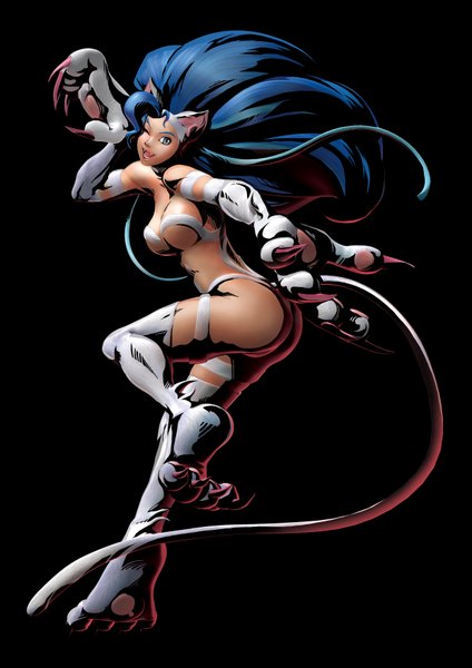 Anime picture 2475x3500 with dark stalkers vampire / darkstalkers (game) capcom felicia single long hair tall image highres breasts open mouth blue eyes light erotic animal ears blue hair ass one eye closed wink cat ears cat tail black background