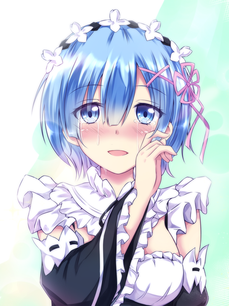 Anime picture 750x1000 with re:zero kara hajimeru isekai seikatsu white fox rem (re:zero) folko single tall image looking at viewer blush fringe short hair breasts open mouth blue eyes simple background smile hair between eyes blue hair upper body maid tears