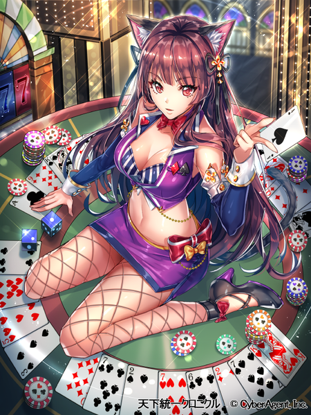 Anime picture 600x800 with original interitio single long hair tall image looking at viewer breasts light erotic red eyes brown hair animal ears tail animal tail cat ears midriff cat girl cat tail casino girl skirt