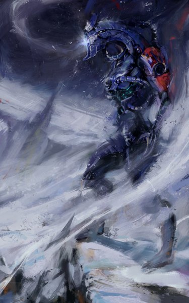 Anime picture 1100x1760 with mass effect mass effect 2 legion tagme (artist) single tall image looking away profile wind night winter snow mountain lantern robot