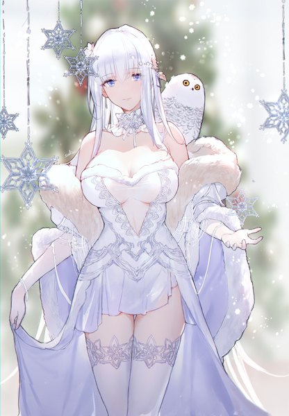 Anime picture 1329x1919 with original swd3e2 single long hair tall image looking at viewer fringe breasts blue eyes light erotic smile hair between eyes large breasts standing bare shoulders payot cleavage silver hair long sleeves head tilt