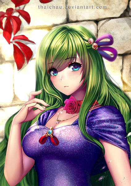 Anime picture 707x1000 with original riiya (mabong1989) single long hair tall image looking at viewer blush fringe breasts blue eyes hair between eyes standing signed upper body blunt bangs fingernails green hair sparkle long fingernails brick wall