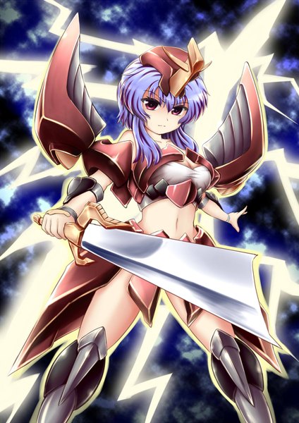 Anime picture 1110x1572 with yu-gi-oh! tagme (character) zheyi parker single tall image looking at viewer short hair blue hair pink eyes midriff girl navel sword armor excalibur
