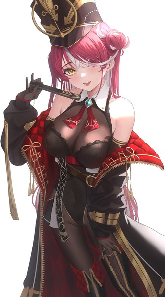 Anime picture 1000x1800 with virtual youtuber hololive houshou marine houshou marine (marching band) abab xiaxia single long hair tall image looking at viewer blush fringe breasts open mouth light erotic simple background hair between eyes red eyes large breasts standing white background