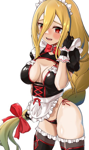 Anime picture 1046x1760 with overlord (maruyama) madhouse evileye (overlord) hizakake single long hair tall image blush fringe breasts open mouth light erotic simple background blonde hair hair between eyes red eyes large breasts standing white background looking away