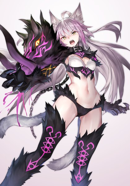 Anime picture 700x1000 with fate (series) fate/grand order atalanta (fate) atalanta (alter) (fate) yoshimo (yoshimo1516) single long hair tall image looking at viewer fringe breasts open mouth light erotic simple background hair between eyes standing animal ears cleavage ahoge tail