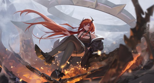 Anime picture 2411x1300 with arknights surtr (arknights) ssangbong-llama single looking at viewer fringe highres breasts hair between eyes wide image purple eyes bare shoulders payot cleavage bent knee (knees) outdoors red hair very long hair horn (horns) wind