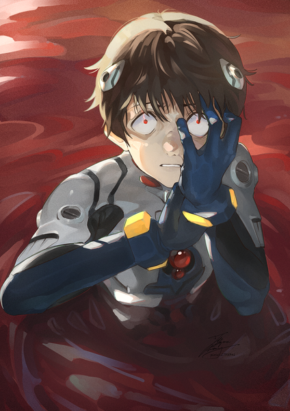 Anime picture 1061x1500 with neon genesis evangelion gainax ikari shinji fadingz single tall image looking at viewer fringe short hair red eyes brown hair signed parted lips from above partially submerged glowing glowing eye (eyes) hand on face scared crazy eyes