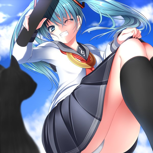 Anime picture 1539x1539 with vocaloid hatsune miku sukage single long hair light erotic smile sitting twintails sky one eye closed aqua eyes wink aqua hair pantyshot tears clenched teeth graduation girl skirt