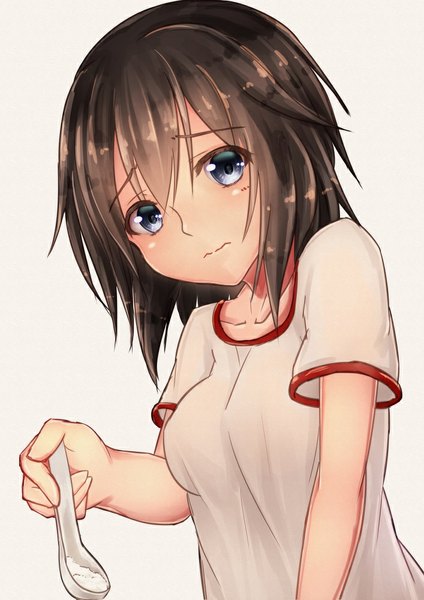 Anime picture 707x1000 with kantai collection hayasui fleet oiler kakigouri single tall image looking at viewer blush fringe short hair breasts blue eyes black hair simple background white background short sleeves embarrassed silver eyes girl uniform gym uniform