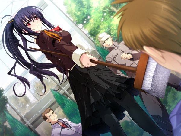 Anime picture 1600x1200 with duelist x engage kakyouin tsubaki long hair fringe short hair breasts hair between eyes red eyes brown hair standing game cg purple hair outdoors ponytail long sleeves from behind multiple boys fighting stance girl boy