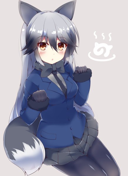 Anime picture 1019x1400 with kemono friends silver fox (kemono friends) fuuna single long hair tall image looking at viewer blush fringe open mouth simple background hair between eyes brown eyes animal ears payot tail animal tail pleated skirt multicolored hair grey hair
