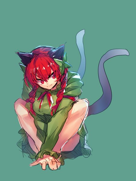 Anime picture 1200x1600 with touhou kaenbyou rin temmasa22 single long hair tall image simple background red eyes sitting animal ears looking away red hair tail braid (braids) animal tail cat ears cat girl cat tail twin braids multiple tails