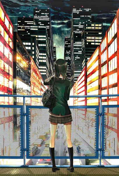 Anime picture 817x1200 with original 20lions single tall image short hair brown hair standing sky pleated skirt from behind back city cityscape city lights girl skirt uniform school uniform socks black socks