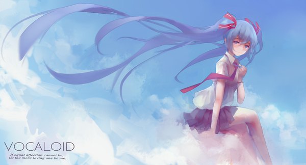 Anime picture 1920x1038 with vocaloid hatsune miku rotain single looking at viewer fringe highres blue eyes wide image sitting blue hair sky cloud (clouds) bent knee (knees) very long hair pleated skirt wind inscription crossed legs girl