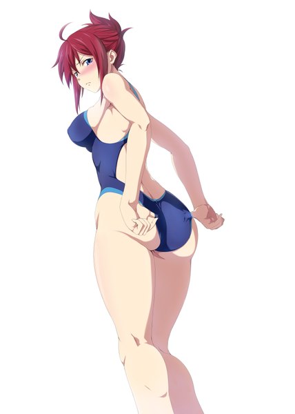 Anime picture 750x1050 with rail wars! sakurai aoi odaodaoaoda single tall image blush short hair blue eyes light erotic simple background white background ass red hair girl swimsuit