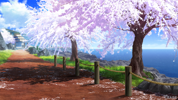 Anime picture 1000x563 with original mocha (cotton) wide image sky cloud (clouds) shadow cherry blossoms horizon no people seaside flower (flowers) plant (plants) petals tree (trees) sea stone (stones)