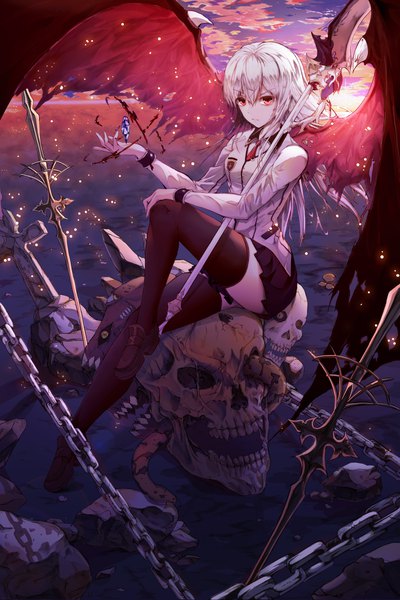 Anime picture 4000x6006 with original neon (hhs9444) single long hair tall image looking at viewer fringe highres hair between eyes red eyes sitting payot absurdres sky silver hair cloud (clouds) full body bent knee (knees) outdoors long sleeves