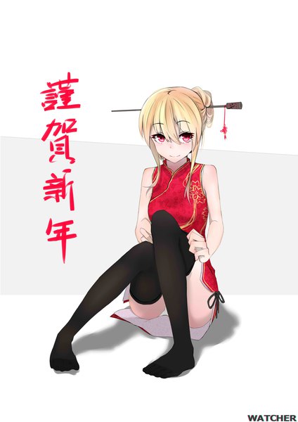 Anime picture 2480x3507 with original incompetent observer single tall image looking at viewer fringe highres short hair light erotic simple background blonde hair smile hair between eyes red eyes white background sitting payot traditional clothes no shoes chinese clothes