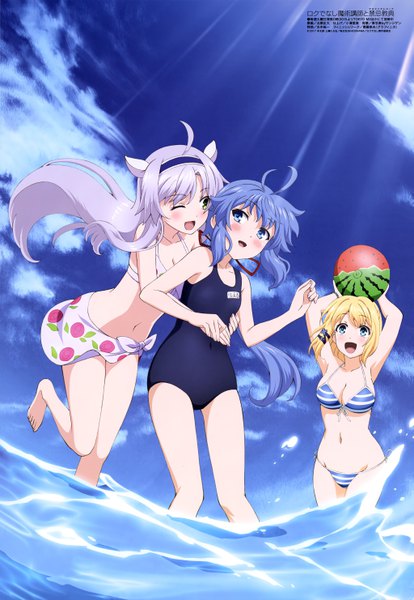 Anime picture 4089x5928 with rokudenashi majutsu kouji to akashic record megami magazine lidenfilms sistine fiber rumia tingel ryiel rayford kitahara koudai long hair tall image blush highres short hair open mouth blue eyes light erotic blonde hair multiple girls blue hair absurdres sky