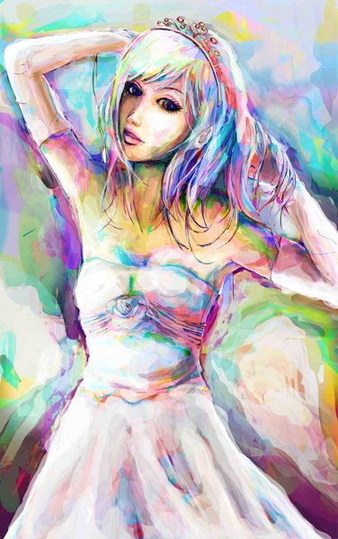 Anime picture 2500x3988 with original miyano kensuke long hair tall image looking at viewer highres blue eyes multicolored hair lips lipstick hand on head multicolored girl dress gloves tiara